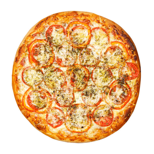 istock Pizza with tomatoes, peppers, sausage and cheese isolated on white. Top view. 1275337529