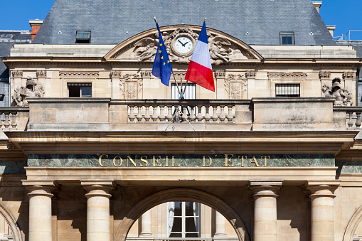 Entrance to the Conseil d'État (English: Council of State), rue Saint-Honoré on the south facade of the Palais-Royal in Paris, France.