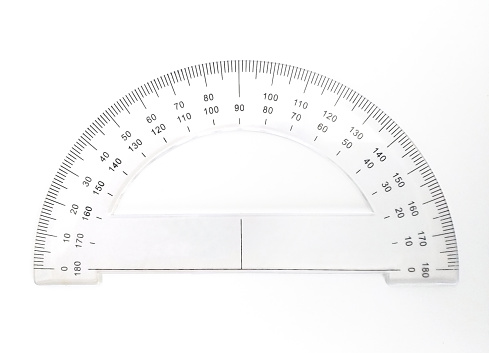 Front view of protractor for measuring degrees isolated on white background. Math instrument for measuring and constructing angles. Tilt angle meter. Measurement tool. Circle measurement scale.