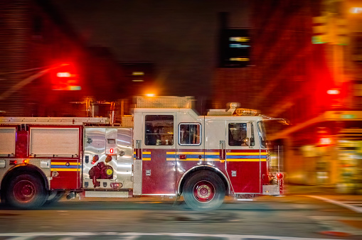 USA, New York , Lower Manhattan, United States, night emergency fire truck in town action, FDNY