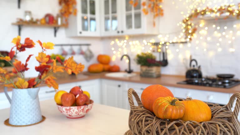 Autumn table setting with pumpkins. Thanksgiving dinner and autumn decoration.