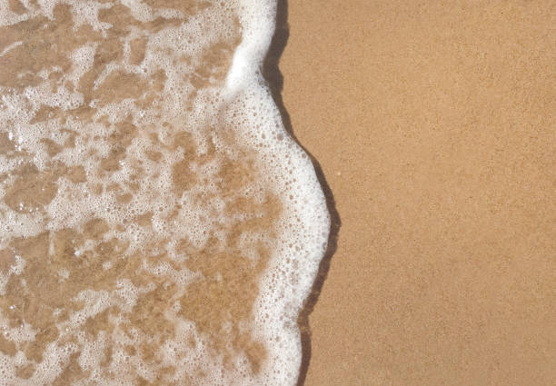 istock White foamy wave on the beach sand. Top view. Marine texture background 1275388558