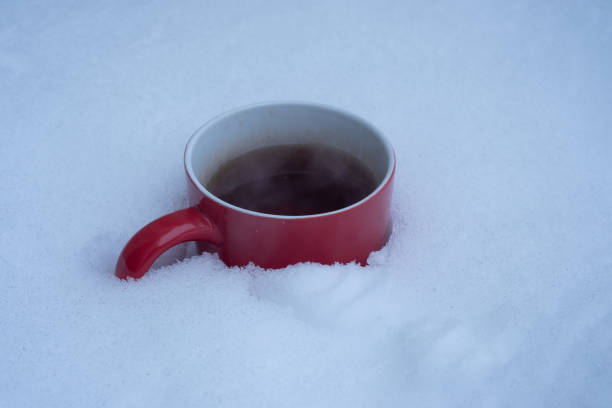 istock Buried in snow Red mug with Steaming hot black hot tea. 1275411955