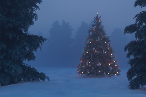 Outdoors Christmas tree at night. 3D generated image.