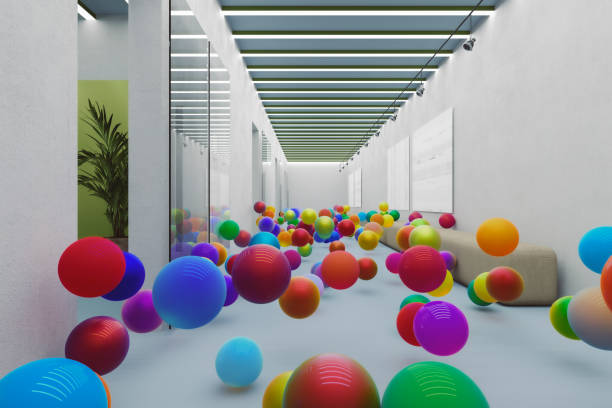 bouncing colorful spheres in empty office - color balls imagens e fotografias de stock