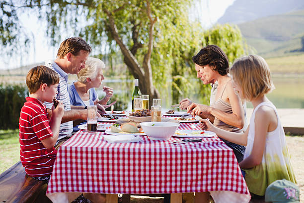 multi generation familie mit einem picknick - family grandmother multi generation family nature stock-fotos und bilder