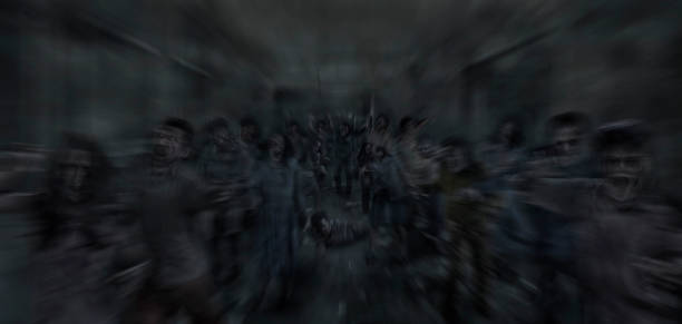 istock Zombie crowd rising running In Spooky scary dark Night. 1275457186