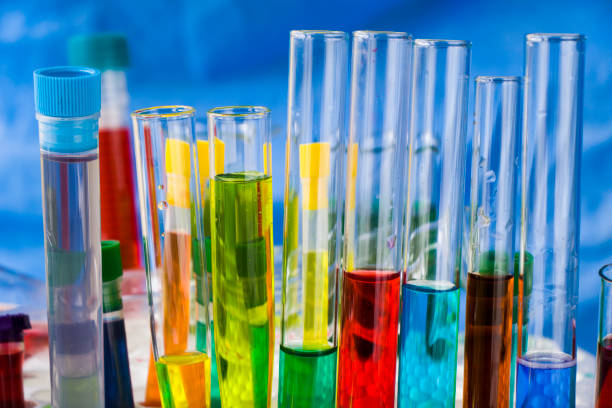 istock Laboratory instruments, glassware and reagents, colorful liquid chemical elements, research diagnoses 1275459010