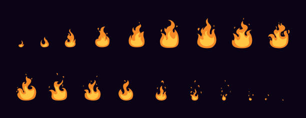 feuer flamme animation. blatt des feuers, fackel, lagerfeuer für ui spiele, cartoons, videos. vektor-illustration - agricultural equipment flash stock-grafiken, -clipart, -cartoons und -symbole