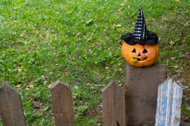 une citrouille gaie dans le chapeau d’une sorcière est assise sur la clôture. le concept d’halloween. espace pour votre texte - garden fence audio photos et images de collection