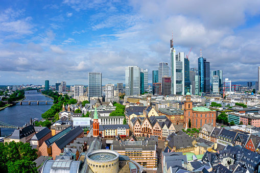 Sunny day over Frankfurt skyline, panoramic view, Germany