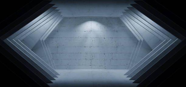istock Sci Fi Modern Futuristic Angular Alien Spaceship Room Tunnel Corridor White Concrete Rough Grunge Studio Garage Hangar White Lights 3D Rendering 1275498982