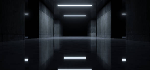 istock Realistic Dark Underground Hangar Glossy Floor Grunge Cement Columns Walls Parking Tunnel Corridor Showroom Car Light Glowing Background 3D Rendering 1275499887