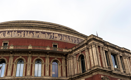 The intricately decorated brick and stone exterior of the  Royal Albert Hall. January 27, 2017 London, UK - May