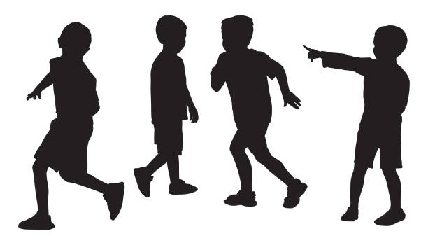 Four Boys Playing Silhouettes Vector silhouettes of four young boys playing together. white t shirt silhouette stock illustrations