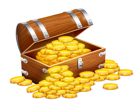 Pirates trunk chest full of gold coins treasures. Isolated on white background. Illustration.