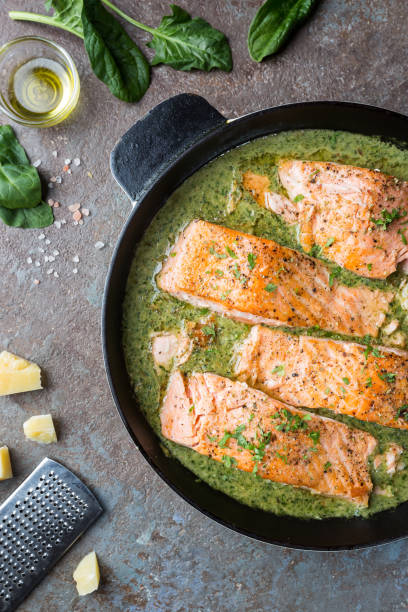 istock Grilled Salmon with cream sauce 1275529929