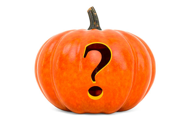 Question Mark Halloween Font. Pumpkin with carved question, 3D rendering isolated on white background
