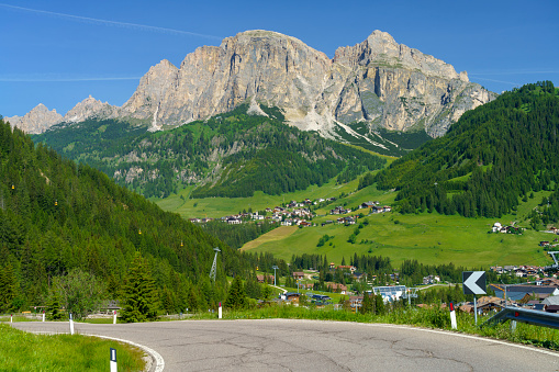 Mountain landscape at summer along the road to Campolongo pass, Dolomites, Belluno province, Veneto, Italy