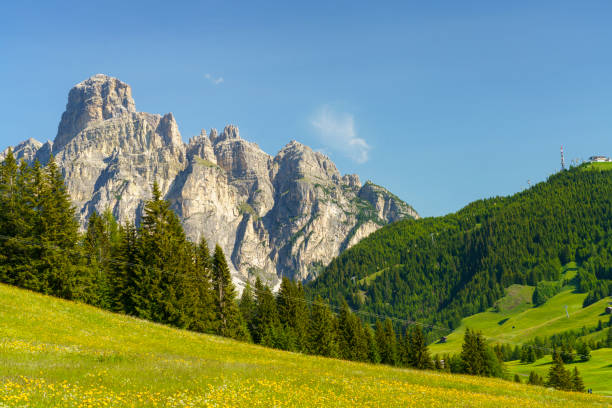 mountain landscape along the road to campolongo pass, dolomites - cordevole valley stock-fotos und bilder