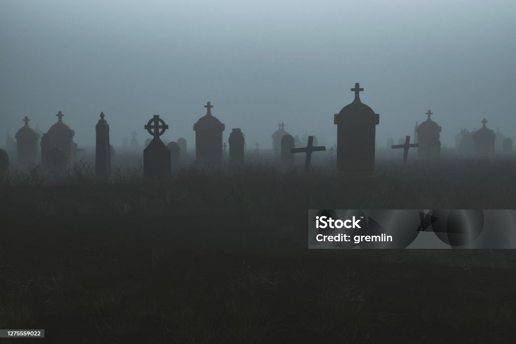 Spooky graveyard at night Spooky graveyard at night, 3D generated image. Cemetery Stock Photo