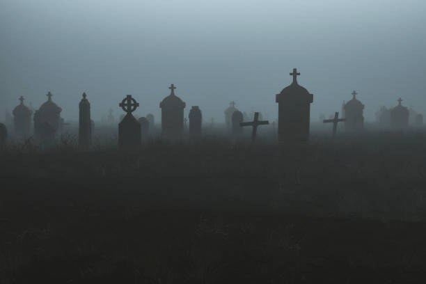 Spooky graveyard at night Spooky graveyard at night, 3D generated image. religious cross photos stock pictures, royalty-free photos & images