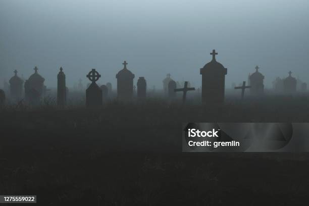 Spooky Graveyard At Night Stock Photo - Download Image Now - Cemetery, Spooky, Horror