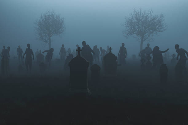 Spooky graveyard with walking dead at night Spooky graveyard with walking dead at night, 3D generated image. zombie stock pictures, royalty-free photos & images