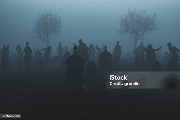 Spooky Graveyard With Walking Dead At Night Stock Photo - Download Image Now - Zombie, Cemetery, Backgrounds