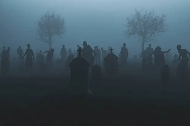 Spooky graveyard with walking dead at night, 3D generated image.