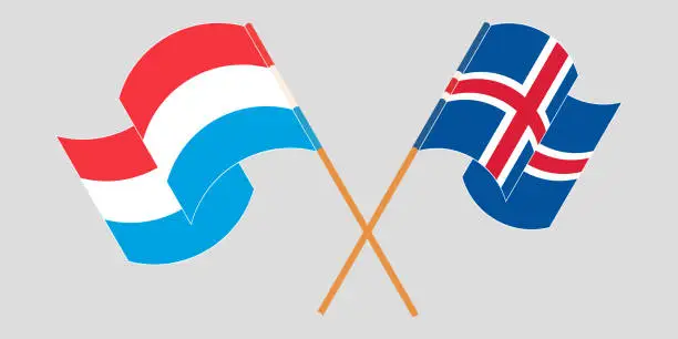 Vector illustration of Crossed and waving flags of Luxembourg and Iceland