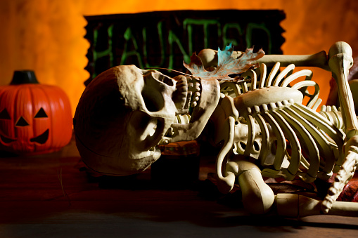 Bright orange background appears as to be an inferno with Halloween decorations in foreground.  Skull and torso in foreground.