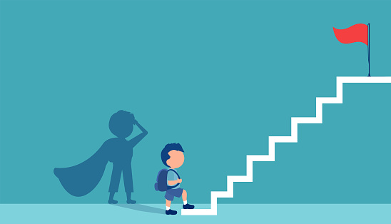 Vector of a little boy with a super hero shadow climbing up stairs to reach his goal on the top