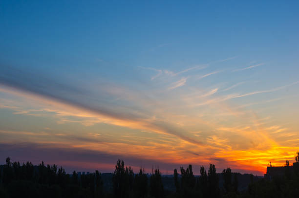 Landscape with dramatic light - beautiful golden sunset with saturated sky and clouds, peaceful nature serene background.