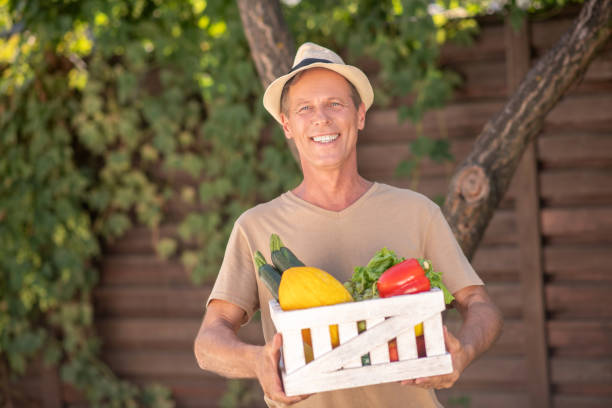istock Smiling male in straw hat holding basket with vegetables 1275574570