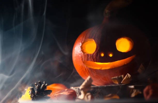 istock Halloween pumpkin lantern with glowing big eyes dark background 1275579020