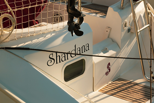 Marina di Cecina, Tuscany, Italy - September 09, 2020: Detail of the cockpit of a Beneteau sailing boat named Shardana, moored in the port of Marina di Cecina, in the Etruscan Coast, Northern Maremma.