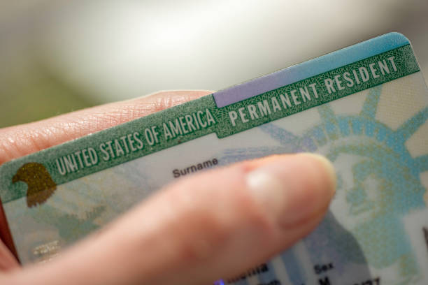 Close up view of Fragment of Permanent resident card (Green) card of USA on blurred background. stock photo