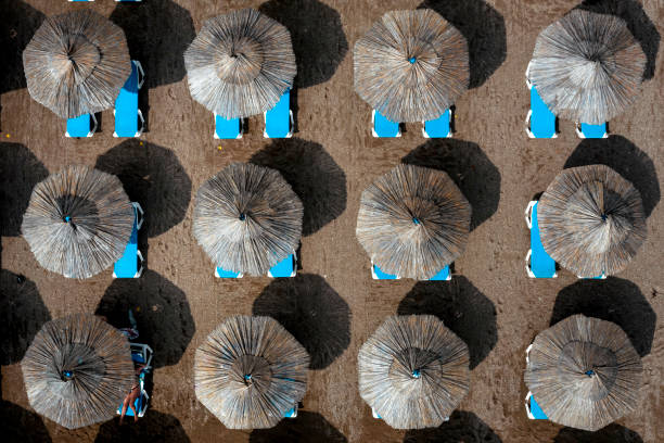 parasols de plage et transats abattus avec le drone - mushroom edible mushroom water splashing photos et images de collection