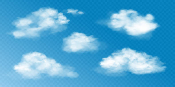 ilustrações de stock, clip art, desenhos animados e ícones de realistic white clouds set. vector collection of 3d smoke or fog. natural cumulus clouds design elements on transparent background for weather forecast - rain snow sun beauty