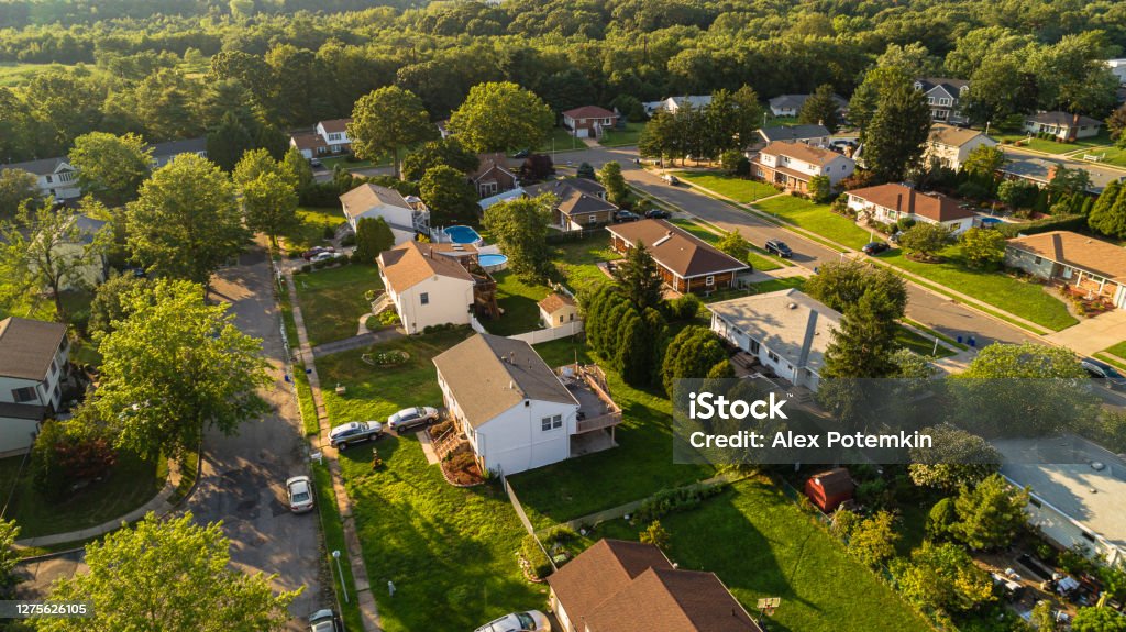 Aerial view of the houses in the suburban areas in Sayerville, New Jersey, USA. Suburban area in Sayerville, New Jersey, USA. New Jersey Stock Photo