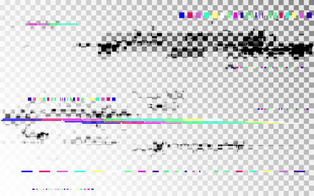 Glitch digital distortion on transparent backdrop. Color shapes template. Horizontal random elements. No signal VHS noise. Pixel distorted texture. Vector illustration Glitch digital distortion on transparent backdrop. Color shapes template. Horizontal random elements. No signal VHS noise. Pixel distorted texture. Vector illustration. tv glitch stock illustrations