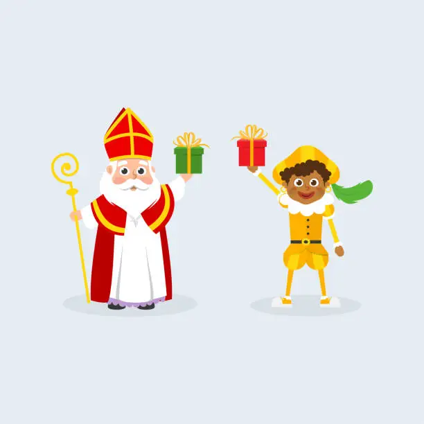 Vector illustration of Saint Nicholas and kid with gifts celebrate holidays - Dutch traditional characters