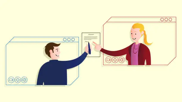 Vector illustration of People sign contracts within the web page