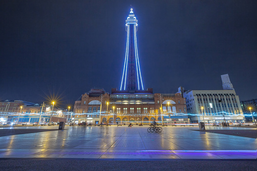 Evening View of Blackpool Tower and Promenade Buildings.