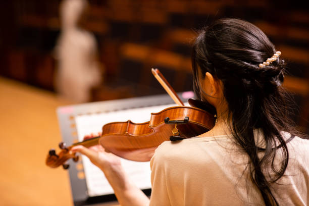 istock Rear view of violinist playing violin at classical concert 1275677013