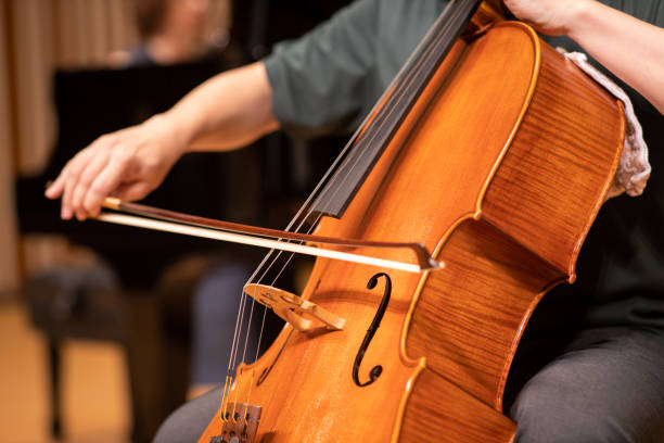 primer plano de violonchelista tocando en concierto clásico - chello fotografías e imágenes de stock