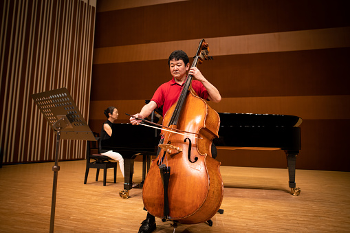 Musician playing cello and piano at classical concert