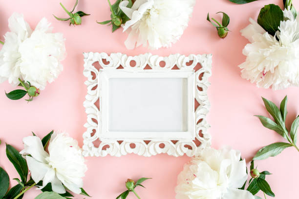 istock Frame of white peony flowers with space for text on pink background. Peony texture. Flat lay, top view 1275677943