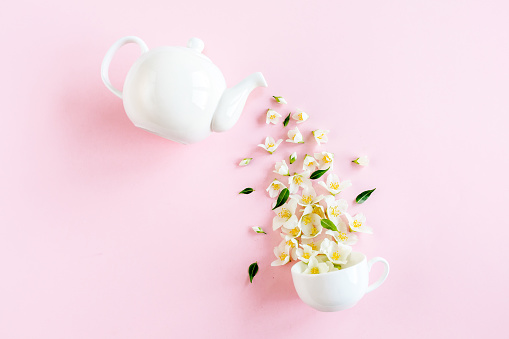 Creative layout of teapot and tea Cup with Jasmine flowers on a pink background. Jasmine tea. High quality photo